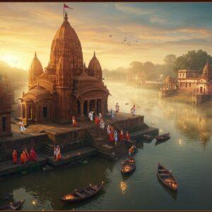 A majestic aerial view of Rajrappa Temple complex situated at the confluence of rivers Bhairavi and Damodar, rendered in rich traditional Indian art style with modern digital aesthetics. The temple's distinctive Nagara architecture stands prominently with its ornate shikhara in deep saffron stone, detailed with intricate carvings. The surrounding landscape features mystical morning mist rising from the sacred rivers, creating a ethereal atmosphere. The foreground shows devotees in traditional Bengali attire (white and red sarees for women, dhoti for men) climbing the ancient stone steps. Golden sunlight bathes the scene, casting long shadows and highlighting the temple's architectural details. Mandala patterns and lotus motifs frame the corners of the composition. The scene includes small boats with oil lamps floating on the river waters, their reflections creating magical patterns. The color palette focuses on deep maroons, sunset oranges, river blues, and golden highlights. Photorealistic style with magical realism elements, emphasizing the spiritual and serene atmosphere of the location, with high attention to architectural accuracy and cultural details.