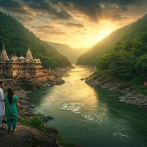 A serene panoramic view of the sacred Damodar River flowing through lush green hills of Rajrappa, captured during golden hour with sun rays piercing through clouds. The ancient Rajrappa Mandir temple complex sits majestically on the riverbank, its traditional Nagara architecture detailed with intricate carvings. In the foreground, a young Indian couple in modern casual wear (man in white kurta, woman in teal salwar suit) admiring the view from a rocky outcrop. The scene features the dramatic confluence of Damodar and Bhairavi rivers, with swirling waters creating mystical patterns. Natural elements include cascading waterfalls, indigenous birds in flight, and dense forest covering the hillsides. The color palette combines deep emerald greens, burnt orange sunset hues, and rich earth tones. Art style merges hyperrealistic landscape photography with subtle Madhubani-inspired patterns in the sky and water. Ethereal mist rises from the river surface, creating a mystical atmosphere. The lighting is warm and dramatic, emphasizing the natural grandeur of the location. The overall composition balances both the spiritual significance and natural beauty of Rajrappa.
