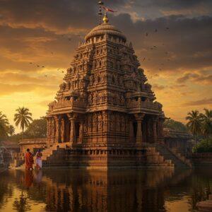 A majestic ancient temple set against a dramatic sunset sky, with the main shrine featuring traditional Kalinga architecture style with intricate stone carvings. The temple structure has a curvilinear tower (deul) decorated with ornate sculptures and motifs in deep sandstone color. In the foreground, a serene water body reflects the temple's image, surrounded by palm trees and tropical foliage native to Odisha's coast. The scene is illuminated by golden-orange light, with hints of spiritual energy represented by subtle glowing mandalas and floating lotus petals. Two Indian devotees in traditional Odisha attire (woman in rust-colored sambalpuri saree, man in white dhoti) are shown offering prayers. The atmosphere includes wispy incense smoke creating ethereal patterns, and traditional brass temple bells in the corner. The art style combines hyperrealistic architectural details with mystical elements, rendered in rich colors of saffron, deep maroon, and peacock blue, with gold accents highlighting the temple's peaks. Soft divine light streams through clouds, creating a spiritual ambiance around the temple spire.
