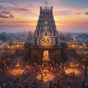 A majestic aerial view of Sri Ranganathaswamy Temple complex at twilight, with Lord Vishnu's reclining form on Adisesha visible through the golden-lit sanctum entrance. The temple's seven concentric walls and 21 gopurams create a mesmerizing geometric pattern, with the tallest rajagopuram reaching towards a mystical sky filled with soft pink and orange clouds. In the foreground, devotees in traditional South Indian attire circumambulate the temple with oil lamps, creating trails of golden light. The temple architecture features intricate Dravidian details with ornate sculptures and carvings, highlighted by ethereal lighting. The scene includes the Kaveri River flowing nearby, its waters reflecting the temple lights and creating a mirror-like effect. Art style combines hyperrealistic architectural details with mystical lighting and traditional Indian art elements, featuring a color palette of deep blues, royal golds, warm oranges, and subtle purples. Lotus flowers and traditional Tamil kolam patterns float in the periphery, adding a spiritual dimension. The entire scene is rendered in a dreamy, cinematic quality with atmospheric haze and god rays penetrating through the gopurams.