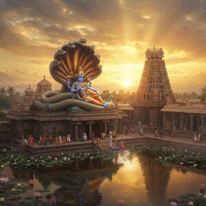 A majestic aerial view of Ranganathaswamy Temple during golden sunset, featuring Lord Vishnu reclining on the cosmic serpent Adisesha with multiple hoods, rendered in traditional Indian art style with modern digital aesthetics. The temple architecture showcases intricate South Indian Dravidian style with ornate gopurams decorated in gold and saffron hues. Ethereal light rays pierce through clouds, creating a divine atmosphere. The foreground features a serene water body reflecting the temple's grandeur, surrounded by blooming lotus flowers in soft pink and white. Devotees in traditional attire circumambulating the temple, their forms creating graceful silhouettes. The scene includes detailed mandala patterns in peacock blue and maroon floating in the sky, while subtle spiritual symbols like the Vishnu Chakra and conch appear as glowing elements. The overall composition has a dreamy, supernatural quality with a perfect blend of traditional elements and modern artistic interpretation, highlighted by soft glowing lights and mystical mist.