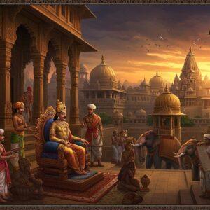 An ornate Indian palace complex in Manyakheta architectural style with multiple levels and golden spires against a dramatic sunset sky, featuring intricate Dravidian-style carved pillars and domed structures. In the foreground, a majestic Rashtrakuta king wearing rich golden robes and crown, adorned with precious gems, sits on an elaborately carved throne. He's surrounded by his ministers in formal court attire, holding ancient scrolls and copper plates. The scene includes detailed elements like ceremonial elephants with decorated howdahs, royal guards with traditional weapons, and court scholars in period-appropriate clothing. The artwork combines Pattachitra-style detailed borders with Madhubani-inspired geometric patterns. The color palette features deep royal blues, rich golds, and warm earthy reds. The lighting creates a dramatic atmosphere with golden rays filtering through ornate jharokhas (windows), illuminating the ceremonial durbar hall. Temple architecture and administrative buildings visible in the background showcase the grandeur of Rashtrakuta architecture, with a mystical, ethereal quality enhanced by soft glowing highlights and floating lotus motifs.
