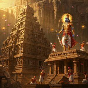 A majestic scene depicting the Rashtrakuta king Krishna I standing atop the Kailasa Temple at Ellora, wearing ornate golden armor and royal regalia with precious gems. He holds a gleaming sword in his right hand and architectural plans in his left. The temple, intricately carved in the background, shows remarkable detail with multiple levels and sculptures. The scene is illuminated by warm, golden sunlight casting dramatic shadows. Traditional Deccan-style patterns and motifs frame the composition. Several court scholars and artisans in period-accurate clothing work on temple construction below. The atmosphere includes mystical elements with swirling gold and saffron energy patterns, floating lotus petals, and glowing mandalas. The color palette features rich browns, deep maroons, royal blues, and gleaming gold. The art style combines hyperrealistic architectural details with ethereal Indian traditional art elements. In the foreground, carved elephants and horses symbolize military might, while peacocks represent prosperity. The scene captures both the architectural and military achievements of the dynasty.