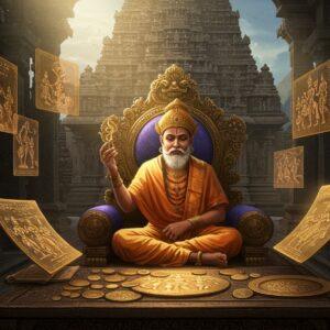 A majestic Indian scholar in rich royal attire seated on an ornate throne, illuminated by golden light, examining ancient Rashtrakuta coins and copper plate inscriptions spread before him on a carved stone table. The background features a grand Kailasa temple architecture with intricate rock-cut details. Floating around him are ethereal, translucent panels depicting scenes from Kannada literature and Sanskrit texts. The scene includes delicate geometric patterns inspired by actual Rashtrakuta-era coins, with symbols of the dynasty such as the royal lion emblem. The color palette combines deep royal blues, rich golds, and earthy copper tones. Soft glowing mandalas frame the composition, while detailed Dravidian architectural elements fill the borders. The lighting is dramatic with rays of sunlight filtering through temple windows, creating a mystical atmosphere. The style merges traditional Hoysala temple art patterns with modern digital art techniques, maintaining historical accuracy in clothing and architectural details. The overall scene should feel like a bridge between ancient wisdom and contemporary aesthetics.