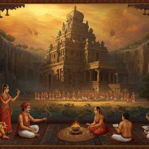 A majestic scene depicting the Rashtrakuta era, centered on the iconic Kailasa Temple at Ellora, rendered in intricate Madhubani-style patterns. The temple structure floats ethereally, carved from a single rock, with detailed architecture showing multi-tiered towers and sculptural elements glowing with a soft golden light. In the foreground, royal Rashtrakuta nobles in rich silk garments and elaborate jewelry perform a ceremonial ritual. The scene includes dancers in traditional attire performing classical Indian dance, while scholars seated on ornate cushions study palm leaf manuscripts. The background features a stylized landscape with trade caravans, suggesting the dynasty's commercial prosperity. Ethereal mandalas float in the sky, rendered in deep peacock blue and saffron. Intricate patterns of lotus flowers and peacocks frame the scene. The lighting is dramatic with warm golden rays filtering through, creating an otherworldly atmosphere. The art style combines traditional Indian miniature painting techniques with modern digital aesthetics, featuring rich jewel tones of maroon, gold, and royal blue.