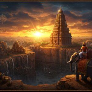 A majestic panoramic view of the Deccan plateau during sunset, featuring a towering Kailasa Temple at Ellora emerging from golden-hued rocky cliffs. In the foreground, a proud Rashtrakuta warrior-king (wearing period-accurate ornate armor with their distinctive royal insignia) stands atop an adorned elephant, surveying his vast kingdom. The landscape showcases multiple architectural marvels of Rashtrakuta style, with intricate rock-cut temples visible in the distance. The scene is rendered in rich, deep colors - royal blues, burnt orange, and gold, with dramatic lighting casting long shadows across the terrain. Traditional Deccan motifs and patterns are subtly woven into the clouds and landscape. The artistic style combines hyperrealistic architectural details with stylized Pattachitra-inspired elements in the sky and terrain. Multiple trade routes are visible winding through the landscape, marked by tiny merchant caravans. The scene is framed by ornate pillars featuring traditional Rashtrakuta-era sculptures and motifs, with floating lotus flowers and mandalas adding a mystical quality to the composition. The lighting emphasizes the grandeur of the empire, with rays of sun creating a divine atmosphere.