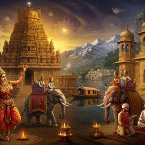 A majestic panoramic scene depicting three distinct medieval Indian kingdoms seamlessly merged: a grand Chola bronze dancer in the foreground performing Bharatanatyam, adorned with traditional gold jewelry and silk costume, against the backdrop of the massive Thanjavur temple with its intricate architectural details and golden vimana; transitions into the middle ground showing Rajput warriors on decorated elephants with detailed armor and weapons, beneath the ornate balconies of Rajasthani palace architecture with detailed jharokhas; merging into the background showing Kashmir's snow-capped peaks with houseboats on Dal Lake and scholars discussing Sanskrit texts. The scene is illuminated by a warm golden light, with swirling mystical energy connecting all three kingdoms through floating mandalas and lotus motifs. Rich jewel tones of deep red, royal blue, and gold dominate, with detailed Madhubani-style patterns integrated throughout. The art style combines hyperrealistic architectural details with ethereal, dreamlike elements, showcasing intricate medieval Indian craftsmanship in a modern digital aesthetic. Soft glowing auras emanate from key elements, emphasizing the spiritual and cultural significance.