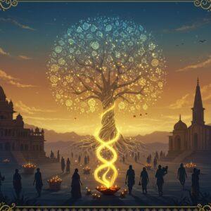 A serene evening scene in India featuring a large ancient stone temple and a modern church positioned on opposite sides, connected by a symbolic golden bridge made of intertwining light streams. In the center, a massive, ethereal Tree of Life with roots extending to both structures, its leaves a blend of traditional Indian mandala patterns and contemporary geometric designs. The tree glows with soft blues and warm golds. Below, silhouettes of diverse Indian people in both traditional and modern attire walk in different directions. The scene is illuminated by floating diyas and modern lanterns, creating a mystical atmosphere. In the background, a gradient sky transitions from deep saffron to peaceful blue, with delicate Madhubani-style cloud patterns. Intricate Pattachitra-inspired border patterns frame the scene, featuring symbols of major religions in India - Om, Cross, Crescent, Khanda - all rendered in metallic gold. The overall composition should be symmetrical, with a dreamy, surreal quality enhanced by particle effects and soft light beams.