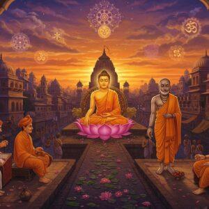 A mystical scene depicting an ancient Indian crossroads at sunset, where three distinct paths converge. In the center, Lord Buddha sits in padmasana on a lotus throne, emanating golden light, wearing saffron robes. To his right, Lord Mahavira stands in kayotsarga pose, with a serene expression and golden aura. To the left, various philosophers and scholars in traditional ancient Indian attire engage in deep discussion. The background features a grand Mahajanapada-era city with intricate architecture, multiple-storied buildings, and bustling marketplaces. The sky is painted in rich gradients of deep orange and purple, with ethereal Madhubani-style patterns floating like clouds. Sacred symbols of different philosophies - the dharmachakra, the Jain symbol of ahimsa, and various philosophical schools' emblems - float as glowing forms in the air. The scene is framed by ornate pillars featuring detailed Pattachitra-style carvings depicting philosophical debates and teaching sessions. Floating lotus petals and soft orbs of light add a magical quality. The entire composition should blend realistic architectural details with surreal, spiritual elements, using a color palette of deep maroons, royal blues, saffron, and gold with hints of ethereal pastels.