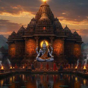 A majestic ancient stone temple with intricate Nagara architecture rising against a mystical twilight sky, with Lord Shiva's four-armed form seated in meditation at the center, holding a trishul, damaru, and showing abhaya mudra. The temple structure features detailed carved reliefs depicting scenes of debt liberation. Golden divine light emanates from the temple's shikhara, illuminating carved relief panels showing devotees being freed from chains. In the foreground, a serene water body reflects the temple's image, with floating diyas and lotus flowers. Smoke from ritual fires creates ethereal patterns in the air, while devotees in traditional Indian attire circumambulate the temple. The scene incorporates Madhubani-style decorative elements in deep maroon and saffron hues, with mandala patterns and Sanskrit symbols etched into the temple walls. The atmosphere suggests both antiquity and timelessness, with soft lighting emphasizing the spiritual ambiance. Hyperrealistic digital art style with magical realism elements, rendered in rich, deep colors with golden accents.