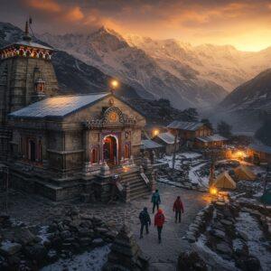 A majestic aerial view of Rudranath temple nestled in the snow-capped Garhwal Himalayas during golden hour, with traditional stone architecture adorned with intricate Madhubani-style patterns. In the foreground, a group of three modern Indian trekkers in high-quality winter gear (orange and blue) navigate through a winding mountain trail. The landscape features mystical elements with swirling mountain mists, prayer flags fluttering in the wind, and a subtle, ethereal glow around the temple. The scene includes local wooden guest houses and camping tents seamlessly integrated into the mountainscape, illuminated by warm lantern light. The sky showcases a dramatic sunset with deep oranges and purples, while sacred Himalayan peaks loom in the background. The composition includes traditional Pahadi architectural details merged with modern trekking infrastructure. Art style combines hyperrealistic digital photography with ethereal Indian traditional art elements, emphasizing both the spiritual significance and adventure aspects. Lighting creates a dramatic interplay between golden sunlight and mountain shadows.
