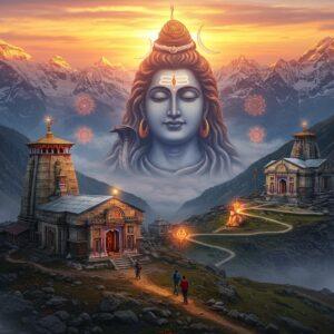 A majestic aerial view of the snow-capped Himalayan peaks at sunrise, with Lord Shiva's face subtly emerging from the mountain ridges, his third eye glowing with divine light. In the foreground, a detailed temple architecture of Rudranath and Kalpeshwar temples, rendered in traditional Indian Nagara style with intricate stone carvings. Two trekkers in modern hiking gear (wearing traditional red tilak on forehead) navigating a winding mountain trail that spirals around the temples. The scene is enhanced with mystical elements - floating lotus flowers, glowing mandalas, and sacred Rudraksha beads forming a subtle border. The color palette combines deep maroons, saffron, and golden hues of sunrise with the cool blues and whites of the snow. Swirling mists and clouds create a dreamlike atmosphere, while prayer flags flutter in the wind. The scene is rendered in a fusion of hyperrealistic digital art with traditional Pahari painting style, emphasizing both the adventure aspect and the spiritual significance of the trek. Small waterfalls and alpine meadows dot the landscape, with the sacred Nandi bull sitting in meditation near the temple entrance.