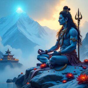 A majestic scene depicting Lord Shiva in his Rudra form, seated in deep meditation on a snow-covered Himalayan peak, with 5 faces visible, each radiating intense divine energy. His matted hair flows with cosmic energy, adorned with crescent moon and Ganga. Multiple arms hold traditional weapons - trishul, damaru, and rudrakshamala. His body is smeared with vibhuti, wearing a tiger skin, with sacred snake coiled around his neck. The background shows the ancient stone temple of Rudranath emerging from mist, with sacred Mount Nanda Devi visible in distance. Ethereal blue light emanates from Shiva's form, illuminating the mystical scene. The foreground features sacred bulls, with intricate Madhubani-style patterns in their decoration. Crystal-clear mountain streams flow around the temple, with floating lotus flowers and devotional offerings. The entire scene is rendered in deep royal blues, saffron, and gold color palette, with glowing mandalas and yantra patterns subtly woven into the sky. Photorealistic digital art style with mythological Indian art influences, emphasizing both divinity and serenity. Atmospheric lighting with divine rays piercing through clouds.