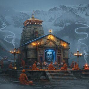 A majestic Himalayan temple nestled amidst snow-capped peaks, carved from dark stone with intricate Nagara architecture, emerging through swirling mountain mists. The temple houses a naturally formed face of Lord Shiva on black stone, illuminated by multiple oil lamps creating a divine glow. In the foreground, stone steps covered with marigold flowers lead to the temple entrance. Ethereal blue light emanates from the temple's interior, while sacred smoke from yagna rises in spiral patterns. The scene includes meditating sadhus in saffron robes near the temple entrance, and prayer flags flutter in the mountain breeze. The artwork combines hyperrealistic digital rendering with traditional Pahari painting style, featuring rich colors like deep blues, saffron, and gold. Mystical elements include floating rudraksha beads and subtle mandalas in the misty background. The lighting creates a dramatic interplay between golden temple lights and cool mountain atmosphere, emphasizing the temple's spiritual energy.