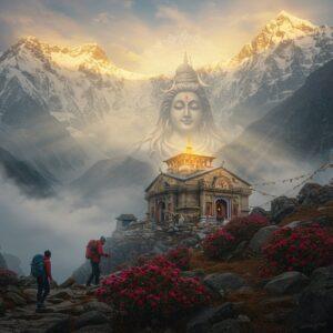A majestic Himalayan landscape showing a steep mountain trail leading to the ancient Rudranath temple, nestled dramatically at 11,800 feet. The temple structure glows with a divine golden aura against snow-capped peaks. In the foreground, three Indian trekkers in modern hiking gear (one female, two male) navigate through a rocky terrain dotted with rhododendron flowers in deep crimson. The scene is rendered in a fusion of traditional Pahadi art style and modern digital aesthetics, with intricate mandala patterns subtly woven into the clouds. A ethereal form of Lord Shiva's face appears in the misty mountains, created by the natural rock formations. The lighting captures the golden hour with streams of sunlight breaking through clouds, casting long shadows. Prayer flags flutter in the wind, their vibrant colors contrasting with the earthy mountain tones. Small waterfalls cascade down the rocky cliffs, with sacred rudraksha beads naturally formed in the landscape. The atmosphere combines adventure with spirituality, showing both the physical challenge and divine essence of the trek, rendered in a hyper-realistic style with mystical elements.