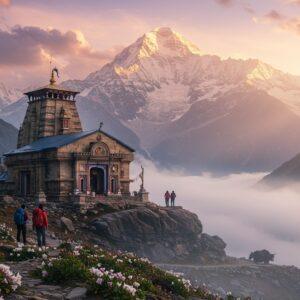 A majestic Himalayan landscape with snow-capped peaks rising against a mystical dawn sky in soft pastels of pink and gold, featuring the ancient stone Rudranath temple nestled dramatically on a rocky cliff edge. The temple architecture shows intricate Nagara-style details with a prominent Shivalinga visible through its entrance. In the foreground, two Indian trekkers (male and female) in modern colorful hiking gear stand on a winding mountain trail, their silhouettes backlit by the rising sun. The scene is decorated with blooming Brahma Kamal flowers in the foreground, their white petals catching the golden light. Swirling mist partially veils the valley below, creating a ethereal atmosphere. The art style combines hyperrealistic digital painting with traditional Pahari miniature art elements, featuring rich jewel tones of deep blues, emerald greens, and burgundy reds. Sacred yaks graze peacefully in the distance, and prayer flags flutter in the mountain breeze. The lighting is dramatic with god rays piercing through clouds, creating a spiritual ambiance befitting the fourth of the Panch Kedar shrines.