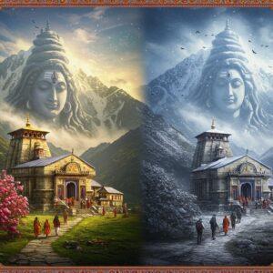 A majestic Himalayan temple complex nestled in a snow-covered peak, depicting the ancient Rudranath shrine with its distinct stone architecture and ornate carvings. The scene is split into four seasons: spring showcasing blooming rhododendrons and green meadows, summer with clear blue skies and pilgrims in traditional attire, autumn with golden-orange hues and falling leaves, and winter with heavy snow and mist. A ethereal Lord Shiva's face appears subtly in the mountain's silhouette, with the third eye prominent. Intricate Madhubani-style border patterns frame the scene, featuring traditional mountain motifs and sacred symbols. The lighting transitions from warm golden sunlight to cool moonlit tones across the seasons. Prayer flags flutter in the wind, and small groups of trekkers in modern gear are visible on the winding mountain path. Misty clouds create a mystical atmosphere, with hints of divine light breaking through. The color palette includes deep blues, earthy browns, pristine whites, and touches of saffron and gold. Hyper-realistic digital art style with mystical elements, maintaining both modern aesthetics and traditional sacred elements.