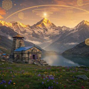 A majestic Himalayan landscape at dawn, featuring the sacred Rudranath temple nestled against snow-capped peaks with intricate Madhubani-style patterns etched in the mountain faces. The foreground shows a serene alpine meadow filled with vibrant Brahma Kamal flowers and blue Himalayan poppies. A mystical golden light bathes the scene, creating dramatic shadows and highlights on the ancient stone temple architecture. Floating digital camera viewfinders and subtle lens flares blend seamlessly with traditional Pattachitra-style decorative elements in the sky. The temple's reflection appears in a crystal-clear mountain lake, surrounded by swirling, ethereal mist rendered in peacock blues and saffron hues. Sacred Trishul peak looms in the background, its three points glowing with divine light. The scene combines hyperrealistic photography elements with surreal artistic touches - floating golden mandalas, spiral light trails, and delicate lotus patterns in the clouds. The composition maintains photographic authenticity while incorporating modern digital art aesthetics and traditional Indian artistic motifs.