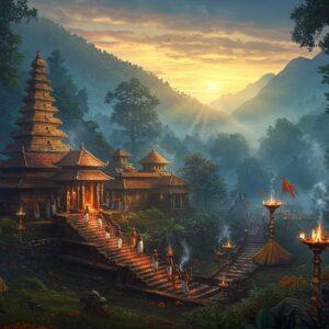 Ethereal panoramic view of Sabarimala temple complex at dawn, nestled in misty Western Ghats mountains, with golden light breaking through clouds. The 18 sacred steps (Pathinettam Padi) in foreground glowing with divine aura, adorned with traditional vermillion and turmeric. A group of Ayyappa devotees in traditional black attire and irumudi kettu on their heads climbing the steps. Sacred forest surrounds the temple with peacock blue and emerald green hues. Lord Ayyappa's temple architecture detailed with intricate Kerala-style copper roofing and golden flagpost. Mystical elements include floating oil lamps, scattered marigold flowers, and swirling sacred smoke from camphor. Art style combines hyperrealistic digital painting with traditional Kerala mural art elements, featuring rich gold, deep blue, and forest green color palette. The atmosphere captures both devotional fervor and serene spirituality with soft glowing lights and morning mist. Multiple small fires from traditional forest campgrounds visible in background, creating points of warm light in the composition.
