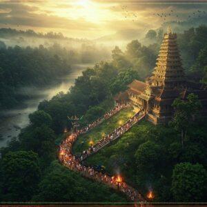 A mystical aerial view of Sabarimala temple nestled in the Western Ghats, illuminated by golden divine light breaking through misty clouds. The temple's traditional Kerala architecture style is detailed with intricate wooden carvings and copper-plated roofs. In the foreground, a winding path through dense forest shows hundreds of devotees in black clothing and irumudi kettu on their heads, forming a serpentine line ascending the 18 sacred steps. The scene captures multiple elements: forest-covered hills in deep greens, the Pampa River flowing serenely below, and sacred peacocks near the temple. The lighting creates a dramatic atmosphere with golden hour sun rays filtering through morning mist. The composition includes small campfires and traditional Kerala oil lamps dotting the pathway, their flames creating warm glowing points of light. The style combines hyperrealistic digital art with traditional Keralan mural art elements, featuring intricate patterns and motifs around the edges. The color palette focuses on deep forest greens, golden yellows, rich browns, and touches of celestial blue in the sky, with an overall ethereal quality enhanced by subtle lens flares and atmospheric fog.