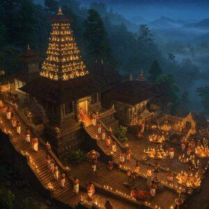A serene nighttime aerial view of Sabarimala temple complex nestled in dense Western Ghats, illuminated by thousands of traditional oil lamps creating a golden glow. In the foreground, a group of Ayyappa devotees dressed in black traditional attire and wearing rudraksha malas, carrying irumudi kettus on their heads, climbing the sacred 18 steps. The steps are adorned with intricate Kerala-style brass lamps. The majestic temple architecture features traditional Kerala-style copper-plated roofs with intricate details. Sacred forest surrounds the temple with mist floating through the trees. The scene includes devotees performing the famous "Neyyabhishekam" ritual, pouring golden ghee over the temple idol. The sky features a mystical combination of deep blue with stars and floating golden particles. Art style merges hyperrealistic digital rendering with traditional Kerala mural art elements, emphasizing rich colors like deep blues, forest greens, and warm golden hues. The lighting focuses on the contrast between the temple's golden glow and the mysterious darkness of the surrounding forest, creating a spiritually charged atmosphere.