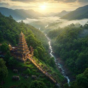 A majestic aerial view of Sabarimala temple nestled amidst lush green Western Ghats, with morning mist rolling through the valleys. The iconic 18 sacred steps gleam in gold against dark granite, leading to an intricately detailed temple structure with traditional Kerala architecture. Dense emerald forests stretch endlessly, with the Pampa River winding like a silver ribbon through the landscape. The scene is illuminated by golden dawn light breaking through clouds, creating divine rays. In the foreground, a group of devotees in black attire trek up a naturally formed stone path, surrounded by tall trees draped with morning dew. Wild elephants graze peacefully in a distant clearing. The art style combines hyperrealistic natural elements with mystical Keralan temple art influences, featuring rich deep greens, gold accents, and ethereal lighting. Small waterfalls cascade down rocky outcrops, their spray creating rainbow effects in the morning light. The composition emphasizes the grandeur of nature with mountains rising dramatically in the background, rendered in a style merging traditional Pattachitra art patterns with modern digital techniques.