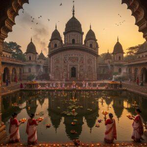 A majestic aerial view of a grand Bengali temple complex at golden hour, featuring distinctive Bengali architecture with curved cornices and multiple pinnacles (char-chala style). The central temple has intricate terracotta work depicting scenes from Hindu epics. In the foreground, a serene lotus pond reflects the temple's image, with floating diyas creating golden sparkles on the water. Traditional Bengali women in white sarees with red borders perform evening aarti, holding brass lamps. The scene is illuminated by warm, ethereal light casting long shadows. Ornate pillars adorned with intricate Madhubani-style patterns frame the scene. Delicate smoke wisps from incense create a mystical atmosphere. The background shows more temples in a harmonious blend of different architectural styles - from the towering shikhara of Dakshineswar to the distinctive domes of Belur Math. The color palette includes deep maroons, burnt orange, gold, and peacock blue. The artistic style combines hyperrealistic architectural details with ethereal lighting and magical elements like floating light orbs and glowing mandalas in the sky. The scene should evoke a sense of timeless spirituality and cultural richness.