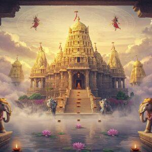 A majestic Indian temple complex floating in ethereal space, with multiple golden-spired Nagara-style towers rising through misty clouds. The central temple, intricately carved with traditional motifs, emanates a soft divine glow. Ornate stone elephants guard the entrance steps, adorned with flower garlands. In the foreground, a serene lotus pond reflects the temple's grandeur, with floating diyas creating points of golden light. The scene features detailed Madhubani-style patterns in the sky, showing celestial dancers and peacocks in deep maroon and peacock blue. Multiple levels of mandala patterns spiral outward from the main shrine, incorporating sacred geometry. The lighting is mystical, with warm golden rays filtering through the clouds, creating a dreamlike atmosphere. Ancient stone pillars with detailed carvings frame the scene, wrapped with blooming jasmine vines. The color palette combines rich traditional colors (saffron, deep red, gold) with ethereal pastels (soft purple, misty blue). Architectural elements seamlessly blend Dravidian and Nagara styles, showcasing India's diverse temple architecture. The entire composition has a surreal, floating quality while maintaining photorealistic details in the stone textures and metalwork.