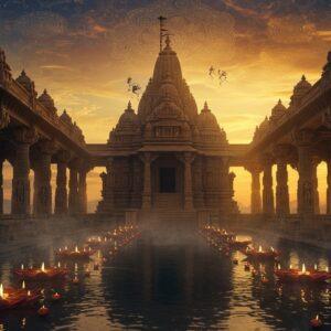A grand ancient Indian temple complex at sunrise, with rays of golden light filtering through ornate stone pillars, creating dramatic shadows. The central temple spire reaches towards a mystical sky filled with swirling mandala patterns in deep saffron and peacock blue. Traditional Madhubani-style patterns adorn the temple walls in intricate detail. A series of floating lotus flowers, each glowing with ethereal light, creates a pathway leading to the temple entrance. In the foreground, sacred oil lamps cast a warm glow, their flames dancing in perfect symmetry. The scene features multiple architectural layers with detailed stone carvings of deities, celestial dancers, and mythological scenes. A peaceful water reflection pool in front of the temple mirrors the entire scene, creating a perfect symmetry. The color palette combines deep maroons, rich golds, and serene blues, with subtle touches of pink in the dawn sky. Soft mist swirls around the temple base, adding an air of mystery. The scene is rendered in a style that merges photorealistic architecture with surreal, ethereal lighting and traditional Indian art elements. 8k resolution, cinematic lighting, architectural photography style.