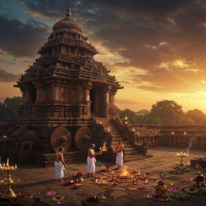 A majestic aerial view of the Konark Sun Temple at sunset, intricately detailed with precise architectural elements, surrounded by a mystical golden aura. The temple's massive chariot wheels are carved with precise geometric patterns, casting elongated shadows. In the foreground, three Indian priests in traditional white dhoti and angavastram perform an elaborate aarti ceremony with brass lamps emanating warm orange flames. Floating lotus flowers and diyas illuminate a sacred water body nearby. The sky features a dramatic gradient from deep indigo to burnt orange, with ethereal streams of light filtering through clouds. Delicate smoke wisps from ceremonial incense create circular patterns in the air. The scene incorporates traditional Odisha Pattachitra art elements in the border details, featuring intricate floral patterns in deep maroon, peacock blue, and gold. The overall composition has a surreal, dimensional quality with photorealistic textures, enhanced by soft particle effects and volumetric lighting. The atmosphere conveys both grandeur and spiritual serenity, with subtle touches of digital art techniques while maintaining cultural authenticity, shot in cinematic wide angle, high dynamic range, atmospheric haze.