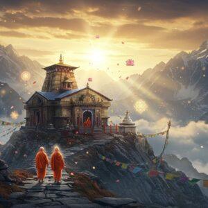 A majestic digital painting of an ancient Himalayan temple perched on a snow-capped mountain peak, illuminated by golden sunrise rays breaking through misty clouds. The temple architecture features intricate Madhubani-style patterns in gold and deep maroon. In the foreground, three Indian pilgrims in traditional winter clothing (saffron and white) walking on a winding stone path adorned with prayer flags in vibrant blues and yellows. The scene includes floating lotus petals and glowing mandalas in the air, creating a mystical atmosphere. The landscape features sacred peaks with ethereal blue-tinted snow, prayer wheels with detailed Pattachitra-style engravings, and ceremonial bells catching the morning light. Crystal-clear mountain streams flow around the temple base, reflecting the golden sky. The entire scene is wrapped in a subtle spiritual aura with soft particle effects and dreamy light beams. Hyperrealistic rendering with magical realism elements, deep perspective, and atmospheric depth.