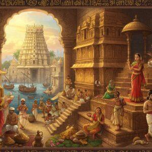 A grand panoramic scene of ancient Tamil Nadu marketplace, showing three distinct levels representing the Chera, Chola, and Pandya kingdoms. In the foreground, merchants in rich traditional clothing trade gold, spices, and pearls. Center stage features an ornate temple complex with distinctive Dravidian architecture, adorned with intricate Madhubani-style patterns in gold and saffron. Tamil Brahmi inscriptions subtly blend into the temple walls. The scene includes women in traditional attire performing classical dance, warriors wielding vel spears, and poets writing on palm leaves. The background showcases ships at a bustling port, symbolizing maritime trade. The composition uses rich colors - deep blues, gold, and earthy reds. Ethereal light streams through temple windows, creating a mystical atmosphere. Small details include jasmine flowers, peacocks, and traditional musical instruments like yazh. Art style merges traditional Pattachitra techniques with modern digital art, featuring detailed line work and rich textures. The lighting should be warm and golden, suggesting ancient wisdom and cultural richness.