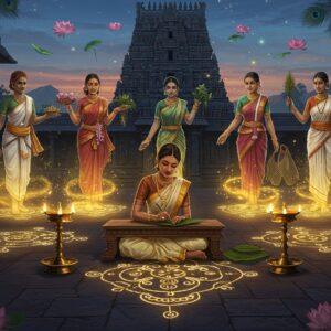 A serene ancient Tamil courtyard at twilight, a young Tamil poetess in a traditional cream and gold silk pavadai sits cross-legged on an ornate stone platform, writing on palm leaves with a stylus. Behind her, five ethereal, translucent figures emerge from a swirling golden mist - representing the five landscapes (Kurinji, Mullai, Marutham, Neithal, and Palai) of Sangam poetry. Each figure wears region-specific attire and holds symbolic elements: mountain flowers, jasmine garlands, paddy sheaves, fish nets, and desert flowers. The scene is illuminated by brass oil lamps casting a warm golden glow. Intricate Kolam patterns in glowing lines flow across the courtyard floor. The background features a grand temple architecture with detailed Tamil Dravidian style carvings. Floating lotuses and peacock feathers frame the scene. The art style combines traditional Tamil temple art with modern digital techniques, using deep blues, rich golds, warm browns, and subtle greens. Magical particles of light dance around the composition, creating a mystical atmosphere. The overall scene should have a dreamy, timeless quality while maintaining historical accuracy in clothing and architecture.