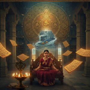 A serene ancient Indian library setting with ornate pillars adorned with traditional Tamil script patterns in gold. A young Indian woman in a rich maroon silk saree sits cross-legged on an intricately carved wooden seat, surrounded by palm leaf manuscripts floating ethereally around her. The manuscripts emit a soft golden glow, with visible Tamil scripts etched on them. Behind her, a massive mandala pattern incorporates symbols of the three Tamil Sangams - the waves of Kumari Kandam, the city of Madurai, and the Pandyan crown. The scene features mystical elements with flowing water representing the Tamiraparani, Kaveri, and Vaigai rivers, each transformed into flowing strands of Tamil letters. Soft light filters through temple-style windows, casting intricate shadows. The color palette includes deep blues, burnt gold, copper, and earth tones. In the foreground, a bronze oil lamp with multiple wicks burns steadily, its flames taking the shape of dancing poets. The scene is rendered in a style blending Tanjore painting techniques with modern digital art aesthetics, incorporating Madhubani-style decorative patterns in the borders.