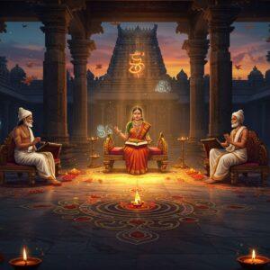A grand ancient Tamil courtyard under a twilight sky, where three distinguished Tamil poets dressed in traditional white and gold clothing sit on ornately carved wooden seats. The central scene shows a female poet with a palm leaf manuscript, illuminated by warm golden light streaming through decorative pillars. Around them, intricate Kolam patterns in vibrant colors (deep blue, saffron, and maroon) flow across the marble floor. The background features towering temple architecture with classical Dravidian details, adorned with peacock motifs and lotus designs. Floating ethereal elements include glowing Tamil poetic symbols and stylized waves representing the three Tamil Sangams. The scene is enhanced by mystical light effects, with floating oil lamps creating a magical atmosphere. The art style combines traditional Thanjavur painting techniques with modern digital aesthetics, featuring rich gold leaf effects and deep, jewel-toned colors. The overall composition creates a harmonious blend of historical accuracy and spiritual mysticism, with detailed textures and patterns inspired by ancient Tamil architecture and art.