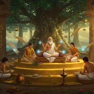 A serene ancient Tamil classroom setting with three levels of golden-hued platforms, reminiscent of the Sangam academies. In the center, a wise elderly Tamil scholar in traditional white veshti and angavastram sits cross-legged on an ornate wooden seat, surrounded by palm leaf manuscripts that float and glow with ethereal blue light. The scholar's hands gesture expressively while teaching. Around him, young disciples in period-appropriate attire sit attentively, some writing with styluses on palm leaves. The scene is framed by intricately carved wooden pillars featuring Tamil-Brahmi inscriptions that emit a soft golden glow. In the background, a massive banyan tree spreads its branches, its leaves shimmering with magical realism. The lighting is warm and mystical, with streams of sunlight filtering through the branches. Floating oil lamps cast dancing shadows. The art style combines traditional Tanjore painting techniques with modern digital art, featuring rich golds, deep browns, and ocean blues. The scene is dotted with period-accurate elements like bronze oil lamps, pottery inkwells, and woven grass mats, all rendered in meticulous detail. A subtle mandala pattern in the background incorporates ancient Tamil symbols and motifs.