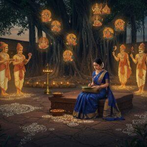 A serene ancient Tamil courtyard at twilight, featuring a graceful Indian woman in a traditional deep blue silk saree with gold border, seated on an ornate stone platform, writing on palm leaves with a stylus. Behind her, ethereal, translucent figures of poets and kings from Sangam era emerge from golden mist, wearing period-accurate clothing and jewelry. The scene is illuminated by brass oil lamps casting warm light. Intricate Kolam patterns in glowing white adorn the ground, intertwined with flowing Tamil script that transforms into waves, birds, and mountains - representing the three landscapes of Sangam poetry. In the background, a massive banyan tree's roots form an artistic mandala pattern, with each branch holding miniature scenes of love, war, and governance from Sangam literature. The color palette features deep indigos, burnished golds, earthy browns, and touches of crimson. Photorealistic digital painting style with magical realism elements, enhanced by soft particle effects and subtle light rays. The composition should blend Madhubani-style decorative elements with contemporary digital art techniques.