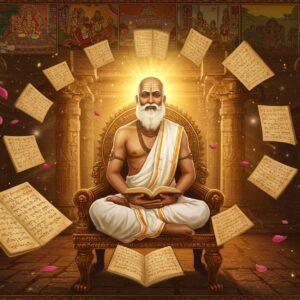 A magnificent ancient Tamil scholar in traditional white veshti and angavastram seated cross-legged on an ornate bronze throne, surrounded by palm leaf manuscripts floating in a spiral pattern. The scholar is illuminated by warm golden light streaming through temple pillars decorated with classical Tamil architectural motifs. In the background, a grand collage showcasing scenes from Sangam era - poets in royal courts, maritime trade ships, ancient Pandyan kingdom symbols, and blooming Mullai, Kurinji, Marutham, Neithal, and Palai landscapes representing the five geographical divisions. Intricate Madhubani-style border patterns in deep maroon and peacock blue frame the scene. Ethereal light particles and floating lotus petals add a mystical atmosphere. The color palette combines rich earthen tones with metallic gold accents. The scene should have a surreal, timeless quality merging historical accuracy with contemporary digital art aesthetics. Multiple ancient Tamil texts and manuscripts float around the scholar, emanating a soft golden glow, creating a supernatural educational ambiance.