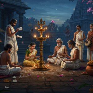 A serene ancient Tamil marketplace scene at dusk, featuring a group of Tamil poets and scholars in traditional white and gold attire gathered around an ornate bronze lamp. The central figure is an elderly poet reciting verses while others write on palm leaves. The background showcases intricate Kolam patterns in glowing gold against deep blue stones. Traditional musical instruments like yazh and mridangam lie scattered artistically. The scene is illuminated by multiple bronze oil lamps creating a warm golden glow. Detailed architectural elements of ancient Dravidian temples with elaborate carvings visible in the background. Blooming jasmine flowers and Tamil symbolic motifs float ethereally in the air. The color palette focuses on deep indigos, burnished golds, and warm earthy browns. The art style combines traditional Tanjore painting techniques with modern digital art aesthetics, creating a mystical atmosphere. Small details include pottery with Tamil Brahmi scripts, dancers in classical poses, and merchants trading spices and textiles. The lighting creates a dramatic interplay of light and shadows, with soft focus on the central gathering. Photorealistic rendering with magical realism elements, cinematic composition, highly detailed, ornate, 8k quality