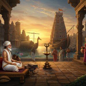 A majestic ancient Tamil port city at sunset, featuring grand stone architecture with distinctive Dravidian details and intricate carved pillars. In the foreground, a noble Tamil scholar in traditional white veshti and angavastram sits cross-legged on an ornate wooden platform, surrounded by palm-leaf manuscripts and bronze oil lamps. Behind him, a bustling harbor scene shows massive wooden ships with characteristic Tamil trade flags, their hulls laden with spices, pearls, and textiles. The scene is adorned with classical Tamil symbols like the fish emblem of the Pandyas and the tiger of the Cholas. The lighting is warm and golden, with rays filtering through temple spires. Women in traditional Tamil attire carry pottery vessels, while merchants in vibrant clothing examine precious gems. Decorative elements include traditional kolam patterns, peacocks, and lotus motifs. The art style combines traditional Thanjavur painting techniques with modern digital sophistication, featuring rich jewel tones of deep blue, gold, and crimson. The composition should have a dreamy, ethereal quality with subtle spiritual undertones, mist rising from the ocean, and soft glowing light around the ancient structures.