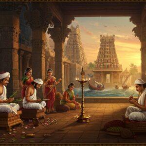 A majestic scene depicting ancient Tamil Nadu marketplace during golden hour, featuring Tamil scholars in white traditional attire seated on ornate brass pedestals, writing on palm leaves with styluses. In the background, a grand Pandyan temple architecture with intricate Dravidian details and towering gopurams decorated with gold and peacock motifs. The foreground shows classical Tamil dancers in vibrant silk costumes performing Bharatanatyam, while merchants trade pearls, spices, and textiles. Maritime elements like ancient Tamil ships with peacock figureheads visible in distance. Scene illuminated by traditional bronze oil lamps casting warm golden light. Art style combines traditional Tanjore painting techniques with modern digital art, featuring rich colors like deep maroon, royal blue, and burnished gold. Intricate Tamil motifs and patterns flow throughout the composition. The atmosphere is dreamy with subtle light rays filtering through temple pillars, creating a mystical ambiance. Mandala patterns and lotus motifs frame the scene, while ethereal smoke from incense creates a mystical layer.