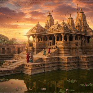 A stunning aerial view of the ancient Sas-Bahu temples in Rajasthan, captured during golden hour with warm sunlight casting long shadows. The intricate sandstone architecture features detailed carvings of Hindu deities, geometric patterns, and mythological scenes in Nagara style. Two Indian women, one elderly wearing a traditional maroon silk saree with golden border and one younger in a peacock blue saree, are climbing the temple steps together, symbolizing the mother-in-law and daughter-in-law relationship. The foreground shows a serene water body reflecting the temples, with lotus flowers blooming. The background showcases clouds in deep orange and pink hues, merged with digital art elements of glowing mandalas and floating flower petals. The scene incorporates Madhubani-style decorative borders with traditional motifs. The lighting emphasizes the intricate stone carvings while creating a mystical atmosphere with soft golden rays filtering through the temple windows. Art style should blend photorealistic architecture with ethereal Indian traditional art elements, maintaining historical accuracy of the temple structure while adding a contemporary digital art finish.