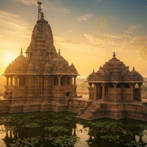 A majestic aerial view of two intricately carved sandstone Hindu temples standing side by side, the larger mother-in-law (Sas) temple and smaller daughter-in-law (Bahu) temple, connected by a shared platform. The temples feature ornate Nagara architecture with elaborate shikhara towers reaching skyward. The scene is bathed in warm golden sunrise light, creating dramatic shadows across the detailed carvings. The foreground shows beautiful lotus-filled water bodies reflecting the temples. Intricate geometric patterns and floral motifs in Madhubani style adorn the temple walls, with detailed sculptures of deities in various poses. Floating mandalas and sacred geometry patterns appear ethereally in the sky, rendered in glowing saffron and deep peacock blue. The atmosphere is mystical with subtle morning mist and soft light rays filtering through. The architecture is precisely detailed with multiple tiers, pillared halls, and carved spires characteristic of 11th century Kachchhapaghata dynasty style. Art style is photorealistic with magical realism elements, emphasizing the temples' grandeur and spiritual significance.