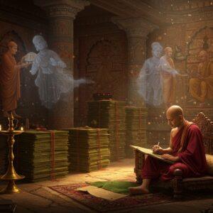 A majestic indoor scene of an ancient Satavahana royal library, illuminated by golden oil lamps casting warm light on intricate Madhubani-style wall paintings. A noble Indian scholar in rich maroon dhoti and golden uttariya sits cross-legged on an ornate wooden seat, writing on palm leaves with a bronze stylus. Around him, beautifully carved stone shelves hold stacked palm leaf manuscripts tied with saffron threads. The walls feature detailed Prakrit inscriptions and Buddhist narratives in the distinctive Brahmi script. Floating ethereally in the background, semi-transparent figures of Buddhist monks and court poets engage in scholarly discourse. The scene is adorned with period-accurate bronze sculptures, pottery with Satavahana symbols, and trade goods from the Roman empire. The color palette features deep indigos, burnt orange, and gold accents, while lotus motifs and peacock feather designs decorate the carved pillars. Soft glowing orbs of light create a mystical atmosphere, suggesting the preservation and transmission of ancient wisdom. The art style combines hyperrealistic architectural details with stylized traditional Indian art elements, rendered in high-quality digital art technique.