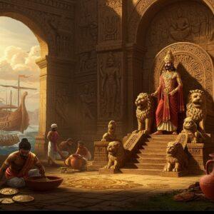 A majestic panoramic scene of ancient Satavahana royal court, featuring a powerful Indian king wearing elaborate gold-threaded silk robes and distinctive Satavahana crown adorned with precious gems. He stands on an intricately carved stone throne platform with lion motifs. Behind him, a massive stone archway showcases detailed Amaravati-style Buddhist sculptures and reliefs. The scene includes merchant ships in the background symbolizing maritime trade, with traders carrying Roman coins and Indian spices. The foreground displays skilled artisans crafting detailed red-glazed pottery and coins bearing ship motifs. The lighting is dramatic with warm golden hues, creating a ethereal atmosphere. The art style combines traditional Amaravati sculptural details with modern digital art techniques, featuring rich colors like deep maroon, royal blue, and burnished gold. The scene includes delicate lotus patterns and Buddhist symbols integrated into architectural elements. Perspective should be slightly elevated to showcase the grandeur of the court. The overall mood should be regal and historical, with attention to period-accurate details in architecture, clothing, and artifacts.