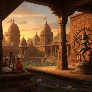 A majestic ancient Indian palace complex at sunset, featuring ornate Bengali-style curved roofs and towering spires adorned with intricate Sena-era patterns. In the foreground, a detailed stone sculpture of a dancing Nataraja surrounded by beautifully carved pillars with lotus motifs. The scene includes Indian craftsmen in period-accurate 12th-century Bengali attire (dhoti and uttariya) working on elaborate stone carvings. The lighting is warm and golden, casting long shadows across the detailed stonework. Temple ponds with blooming lotus flowers reflect the architecture. The background shows Buddhist monasteries and Hindu temples in traditional Pala-Sena architectural style with their characteristic shikhara tops. Rich terracotta reliefs depicting scenes from Ramayana and Mahabharata adorn the walls. The color palette features deep maroons, burnt orange, and gold with accents of peacock blue. The scene is rendered in a fusion of traditional Pattachitra art style with modern digital techniques, creating a harmonious blend of historical accuracy and contemporary aesthetics. Floating translucent mandalas and subtle sacred geometry patterns add a mystical dimension.