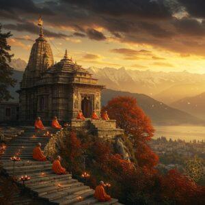 A majestic stone temple perched atop Shankaracharya Hill during golden sunset, surrounded by snow-capped Himalayan peaks. The ancient temple architecture features intricate Kashmiri-style carved details, with a distinctive octagonal structure and conical roof against a dramatic sky with swirling clouds. In the foreground, stone steps wind up the hill, adorned with traditional oil lamps casting a warm glow. The scene is enhanced with ethereal elements - floating lotus flowers, glowing mandalas, and subtle sacred geometry patterns in gold. The lighting creates a mystical atmosphere with rays of sunlight breaking through clouds, illuminating the temple. The surrounding landscape shows a blend of pine trees and traditional Chinar trees with copper-red autumn leaves. A few peaceful sages in saffron robes meditate on the temple steps. The art style combines photorealistic architectural details with mystical Indian artistic elements, rendered in rich colors of deep gold, saffron, stone gray, and celestial blue, with a dreamy, spiritual quality. The view of Dal Lake and Srinagar city visible in the misty distance below.