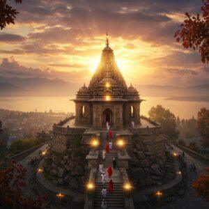 A majestic aerial view of Shankaracharya Temple perched atop Shankaracharya Hill during golden sunset, with Kashmir Valley and Dal Lake visible below. The ancient stone temple structure features intricate Kashmiri architecture with a conical roof, surrounded by illuminated stone steps leading to the summit. In the foreground, a group of pilgrims in traditional Indian attire climbing the stairs, their silhouettes casting long shadows. The scene is enhanced with ethereal golden light breaking through clouds, creating a mystical atmosphere. Soft pink and orange hues in the sky reflect in the Dal Lake below. Traditional Kashmiri elements like chinar trees frame the composition, their leaves showing autumn colors. The scene includes subtle mandala patterns in the clouds and a gentle spiritual glow around the temple dome. Style combines hyperrealistic digital art with traditional Indian architectural detailing, emphasizing both the temple's grandeur and its spiritual significance. The lighting should be dramatic yet serene, with lens flares and god rays adding to the divine atmosphere. --ar 16:9