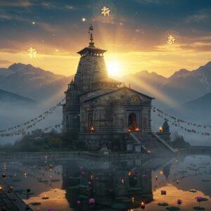 Ancient Shankaracharya Temple perched majestically atop Gopadari Hill in Kashmir, illuminated by golden sunrise rays breaking through misty Himalayan peaks. The temple's distinctive spire emerges from morning fog, with intricate Kashmir-style architecture featuring carved stone walls and steep steps leading to the main shrine. In the foreground, a serene reflecting pool mirrors the temple, surrounded by blooming lotus flowers and floating prayer lamps. The scene combines hyperrealistic architectural details with ethereal elements - swirling mandalas in the sky, glowing Sanskrit symbols, and streams of divine light. The color palette features deep blues of early morning, warm golden sunlight, and soft pink-orange dawn hues. Prayer flags flutter in the mountain breeze, while snow-capped peaks form a dramatic backdrop. The atmosphere captures both the physical grandeur and spiritual significance, with subtle touches of mystical energy visualized as gentle swirls of light around the temple structure, photorealistic, cinematic composition, high-end digital art style, soft volumetric lighting, architectural photography influence, 8k quality