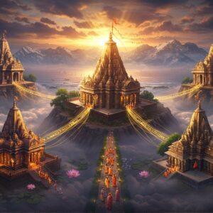 A majestic aerial view of five ornate temples situated at different elevations, connected by golden threads of divine energy against a mystical Himalayan backdrop. The central temple, perched highest, represents Jyotirmath with snow-capped peaks behind it. Four equally grand temples radiate outward - Dwarka's temple surrounded by Arabian Sea waves, Puri's temple with Bay of Bengal waters, Sringeri temple nestled in Western Ghats greenery, and Kanchi temple amidst southern plains. Each temple follows traditional Nagara architecture style with intricate carvings and tall spires, glowing with warm golden light. The scene features floating lotus flowers, swirling mandalas, and ethereal mist. The color palette combines deep maroons, saffron, and peacock blue with soft pastels. Small groups of pilgrims in traditional Indian attire walk along illuminated pathways between temples. Sacred symbols like Shiva's trident and Adi Shankaracharya's writings appear as subtle, glowing motifs. The composition uses Madhubani-style decorative patterns in the sky and Pattachitra-inspired border elements. The lighting is dramatic with divine rays breaking through clouds, creating a surreal, spiritual atmosphere. Hyper-realistic digital art style with fantasy elements.